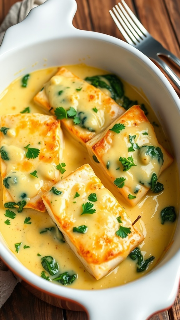 Cheesy cod bake with spinach in a casserole dish, garnished with parsley, on a rustic table.